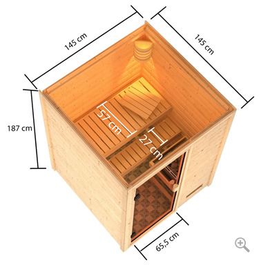 Sauna Finlancese classica da casa in kit in legno massello di abete 38 mm Alessandra - sezione vista dall'alto