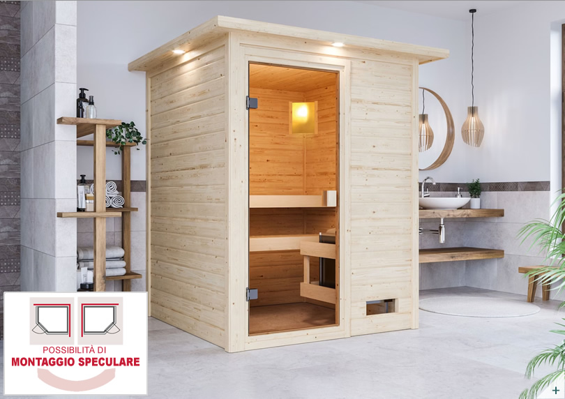 Sauna Finlancese classica da casa in kit in legno massello di abete 38 mm Alessandra con porta in vetro bronzato - COVER 