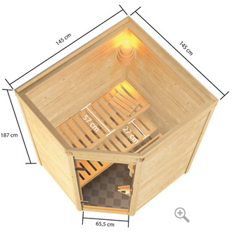 Sauna Finlancese classica da casa in kit in legno massello di abete 38 mm Antonella - sezione vista dall'alto