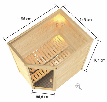 Sauna Finlancese classica da casa in kit in legno massello di abete 38 mm Lella - sezione vista dall'alto