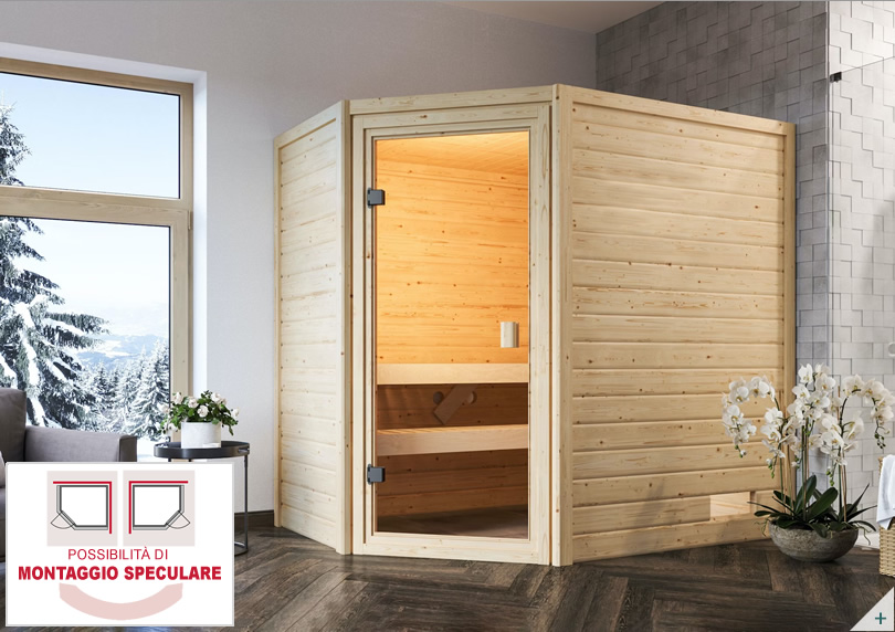 Sauna Finlancese classica da casa in kit in legno massello di abete 38 mm Lella con porta in vetro bronzato - COVER 