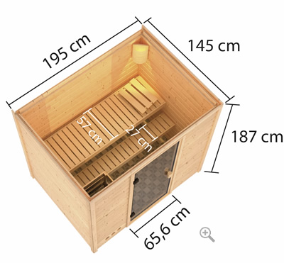 Sauna Finlancese classica da casa in kit in legno massello di abete 38 mm Selenia - sezione vista dall'alto