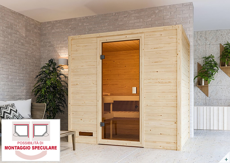 Sauna Finlancese classica da casa in kit in legno massello di abete 38 mm Selenia con porta in vetro bronzato - COVER 